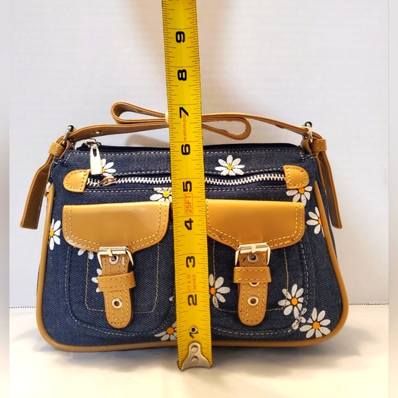 Floral Denim Shoulder Bag with Tan Accents - Picture 4 of 5